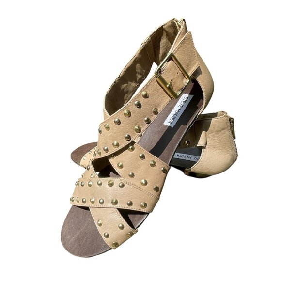 Steve Madden Haley Y2K Studded Gladiator Wrap Nude Tan Wedge Sandals Size 10 M - Picture 1 of 10